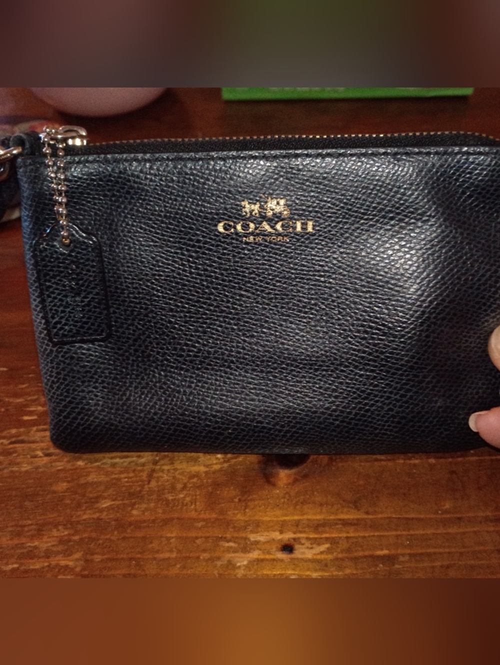 Coach Black Pebbled Leather Wristlet with Gold Logo